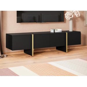 Tv-meubel met 4 deuren van mdf - Zwart en goud - LUVONIA L 180 cm x H 50 cm x D 45 cm
