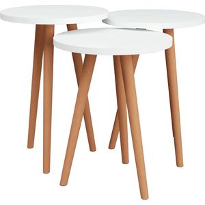 In And OutdoorMatch Bijzettafel Mary - Set van 3 - Wit en Houtkleurig - Spaanplaat en Beukenhout - 45/47/49-35cm - Modern Design