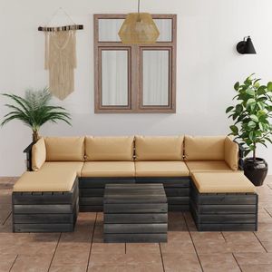 The Living Store Pallet loungeset - grenenhout - modulair - 6-delig - beige kussens