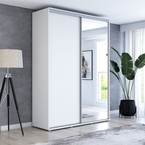 Hoge kledingkast met 2 schuifdeuren en spiegel - 180 x 242 x 61 cm - kleur wit - Aluminium handgrepen - Interieur met legplanken - en roede - 2 laden - Ergonomische grote schuifkast - Hoge kwaliteitsgarantie - Maya kledingkast