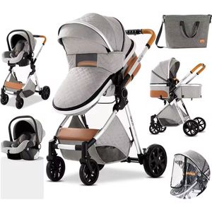 J&R Kinderwagen 3 in 1 - Kinderwagen - Bedje - Buggy - Autostoel - Opvouwbaar - Magnesium alloy frame - Met draagtas - Katoen - Lichtgrijs