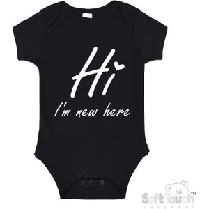 100% katoenen Romper ""Hi I'm new here"" Met Een Hartje Unisex Katoen Zwart/wit Maat 62/68