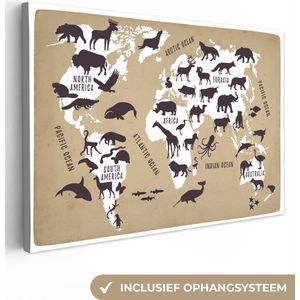 Canvas Wereldkaart - 150x100 - Wanddecoratie Wereldkaart - Sepia - Dieren