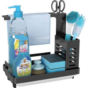 Spoelbak Organizer Nette keuken Sponshouder - Gootsteenaccessoires Borstelhouder - Afvoerbakje en Doekenrekje (zwart)