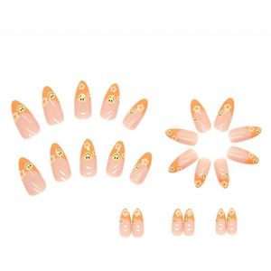 Fluorescerende oranje kunstnagels, French tip, press on, glanzend, halflang, French manicure, glimlach, bloem, transparant, nepnagels, set, 24 stuks VEBONNY SA-002