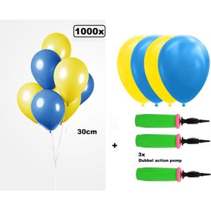 1000x Luxe Ballon blauw/geel 30cm + 3x dubbel actie pomp - biologisch afbreekbaar - Carnaval Festival feest party verjaardag landen helium lucht thema