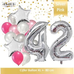 Cijfer Ballon 42 Jaar Zilver Roze White Pearl Boeket * Hoera 42 Jaar Verjaardag Decoratie Set van 15 Ballonnen * 80 cm Verjaardag Nummer Ballon * Snoes * Verjaardag Versiering * Verjaardag Decoratie * Silver Pink Pearl White* Nummer Ballon 42