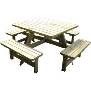 Rockwood® Picknicktafel Vierkant 1.15m Montage op locatie. Extra gemak en vakkundige service met 3 rugleuningen