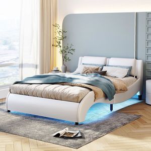 Merax Luxe Golvend Bedframe 140x200 cm met LED-Verlichting - Kunstleer Gestoffeerd Tweepersoonsbed met Lattenbodem - Wit