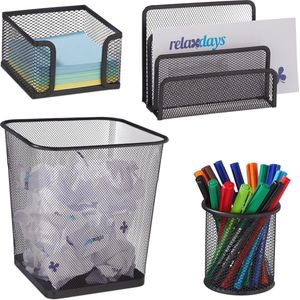 4-delige bureau organizer set met pennenbak en metalen houder - zwart