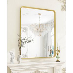 Wandspiegel met diep frame, 90 x 60 cm, luxe hoogwaardige badkamerspiegel met ronde hoek, wandspiegel horizontaal of verticaal opgehangen, goud