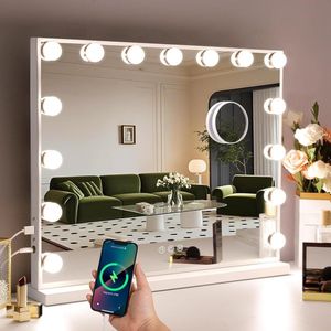 Vanity Spiegel met USB Oplaadpoort- 15 LED lampen- Verlichtingsmodi- Verlichte Vanity Spiegel- Kleedkamer- Slaapkamer- Tafelblad- Wand Gemonteerd- 58*46 CM