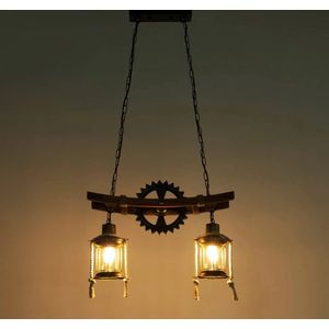 LuxiLamps - 2 Kop Houten Kroonluchter - Vintage Hanglamp - 50 cm- Verstelbaar Ketting - Retro Hanglamp