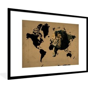 Fotolijst incl. Poster - Wereldkaart - Bruin - Leeuw - 90x60 cm - Posterlijst