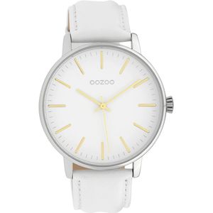 OOZOO Timepieces - Zilverkleurige horloge met witte leren band - C10040