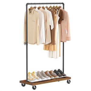 Rustiek Heavy-duty Kledingrek met Industrieel Design - Hang Rek voor Kleding met Vergrendelbare Wielen en Houten Plank - Zwart Bruin