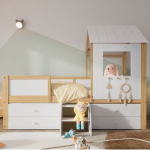 Kinderbed, halfhoogsbed, huisbed met dak en raam, vierzijdig hek, met 4 lades en trapje, grenen+MDF+multiplex, wit+naturel, 90x200cm