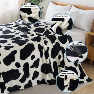 Flanellen Fleece Koe Print Deken Premium Lichtgewicht Anti Statische Super Zachte Gezellige Pluche Koe Dekens, Lichtgewicht Microfiber Winter Warm Gooi Deken 130x150 cm (Zwarte Koe)