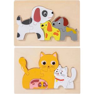 Houten dieren puzzels - Honden en katten - 8 stukjes - Vanaf 2 jaar - Kinderpuzzel - Educatief montessori speelgoed - Grapat en Grimms style