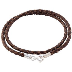 AuBor ®. Gevlochten leren ketting met zilveren sluiting.  Bruin. 4mm × 80cm