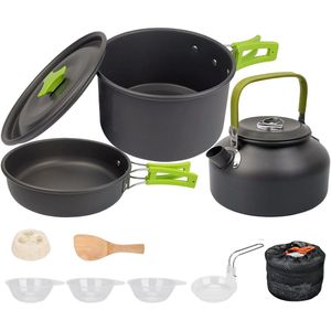 Camping kookgerei set - 10-delig - aluminium - groen