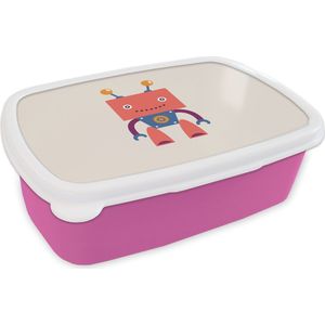 Broodtrommel Roze - Lunchbox - Brooddoos - Robot - Tandwiel - Gezicht - Antenne - Kids - Jongetjes - 18x12x6 cm - Kinderen - Meisje