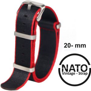 20mm Nato Strap ZWART MET RODE STREEP - Vintage James Bond - Nato Strap collectie - Mannen - Horlogeband - 20 mm bandbreedte