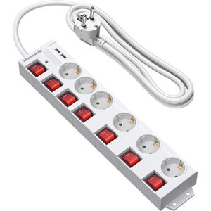 Stekkerdoos met overspanningsbeveiliging en USB-poorten - 6-voudig afzonderlijk schakelbaar - wandmontage - kinderbeveiliging - 90 graden draaibaar - 2 meter Stekkerdoos