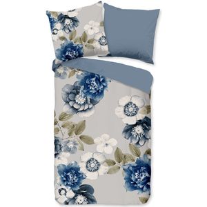 Flanellen Dekbedovertrek 155x220 cm - Blauwe Bloemen Print - Grijs - 1 Persoons - 100% Katoen Flanel