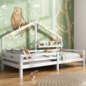 Merax Kinderbed in Huisvorm 90x200 cm - Eenpersoonsbed met Plank - Wit