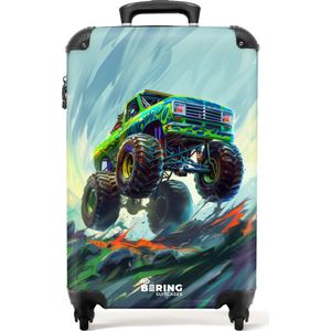 NoBoringSuitcases.com® - Kinderkoffer - Kindertrolley - Groene monstertruck met penseelstreken - Handbagage koffer lichtgewicht - Reiskoffer trolley - Rolkoffer met wieltjes - Past binnen 55x40x20 en 55x35x25