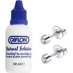 Caflon piercing set steriel verpakte oorknopjes zilverkleurig met naturel steen en 1 flesje desinfectie lotion 30ml
