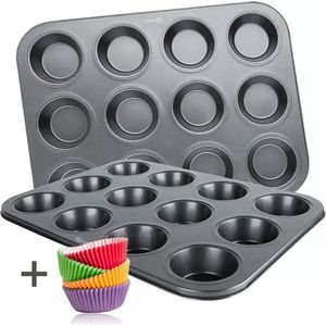 COOCK - Muffin Bakvorm met 12 Cupcake Vormpjes - Non Stick | Incl. Papieren vormpjes & E-book
