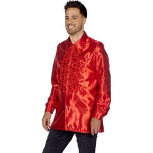 Wilbers & Wilbers - Jaren 80 & 90 Kostuum - Knallend Rode Foute Ruchesblouse Satijn Disco Party Man - Rood - Maat 48 - Carnavalskleding - Verkleedkleding