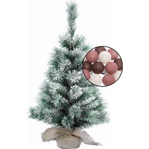 Mini kunst kerstboom besneeuwd -incl. lichtsnoer bollen mix rood - H60 cm