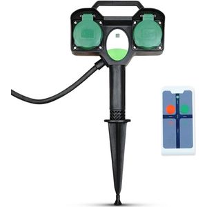 Tuinstopcontact 2-voudig – Draadloze Stopcontacten Met Afstandsbediening, 30m Bereik, IP44, Met Grondpen en 2m Kabel – Meervoudig Stopcontact Voor Buiten – Zwart