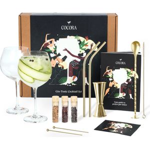 Cocora Gin Tonic Geschenkset - 12-delige RVS Cocktail Set - Tritan® Kristalglazen - Cocktail Boek - Luxe Cadeauverpakking - Goud