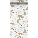 ESTAhome behang bos met bosdieren wit, groen en beige - 139247 - 0.53 x 10.05 m
