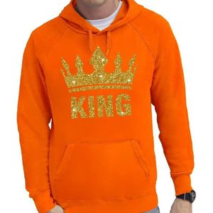 Oranje King gouden glitter kroon hoodie / hooded sweater heren - Oranje Koningsdag/ supporter kleding L