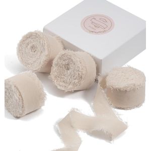 Zijden chiffon lint met gerafelde rand - 4 rollen, beige - 5 meter per rol - voor huwelijksuitnodigingen, bruidsboeketten, geschenkverpakking, doe-het-zelf ambachten