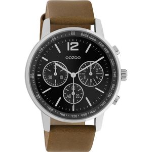 OOZOO Timepieces - zilverkleurige horloge met bruine leren band - C10812 - Ø42