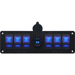 ProRide Schakelpaneel 12V voor Auto/Boot - USB C Stopcontact 3 Poorten met Schakelaar/Voltmeter - QC3.0 - 6 schakelaars - Blauw