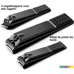 *** Set van 3 Zwarte Nagelknippers - Manicure en Pedicure - Nagelschaar - Verschillende Maten - Zwart - van Heble® ***