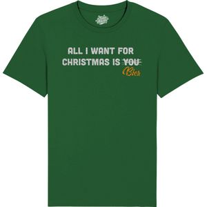 All i want for Christmas is beer - Foute Kersttrui Kerstcadeau - Dames / Heren / Unisex Kleding - Grappige Kerst Outfit - Glitter Look - T-Shirt - Unisex - Bottle Groen - Maat M