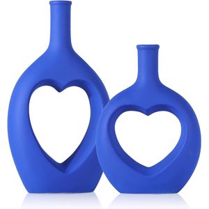 Blauwe keramische vaas set van 2, blauwe holle hartvormige vazen voor decor, keramische vazen voor woondecoratie, woonkamer, kamer, boekenplank, schoorsteenmantel, centerpieces decor