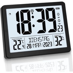 Digitale XL radiogestuurde klok met extra groot display | Tafel- en wandklok met dubbele wekker, thermometer en hygrometer | Mat zwart design
