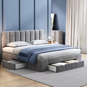 Sweiko Gestoffeerd Bed 160 x 200 cm fluweel, Met roosterframe rugleuning 4-laden, Grijs