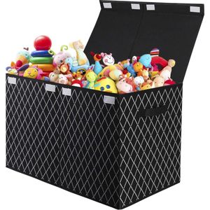 Opbergdoos, speelgoedkist met deksel, voor kinderen, 83 liter, speelgoedopslag met handgrepen, vouwbox, mand voor kinderkamer, kleding, slaapkamer (zwart geruit)