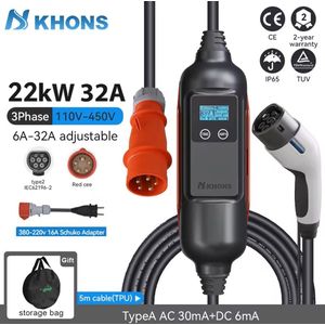Khons Mobiele Thuislader Elektrische Auto 22 kW | Draagbaar | IP65 Waterdicht | 32A 3 Fase | 5 Meter | APP Control | Thuis Lader Type 2 inclusief adapter vanaf stopcontact EU - 6A/8A/10A/13A/16A/20A/25A/32A Schakelbaar |