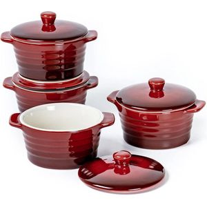 Taartvormen steengoed, 4-delige muffinvormpjesset met deksel, minischalen voor soufflé, crème brûlée, ovenschotels, fondants, desserts, 10 x 10 x 5,2 cm, 200 ml